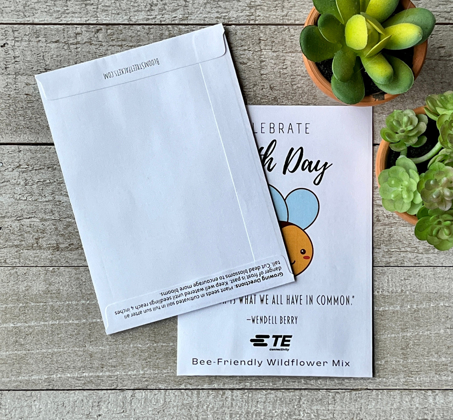 A front and back view of a white seed packet, the back showing planting instructions.