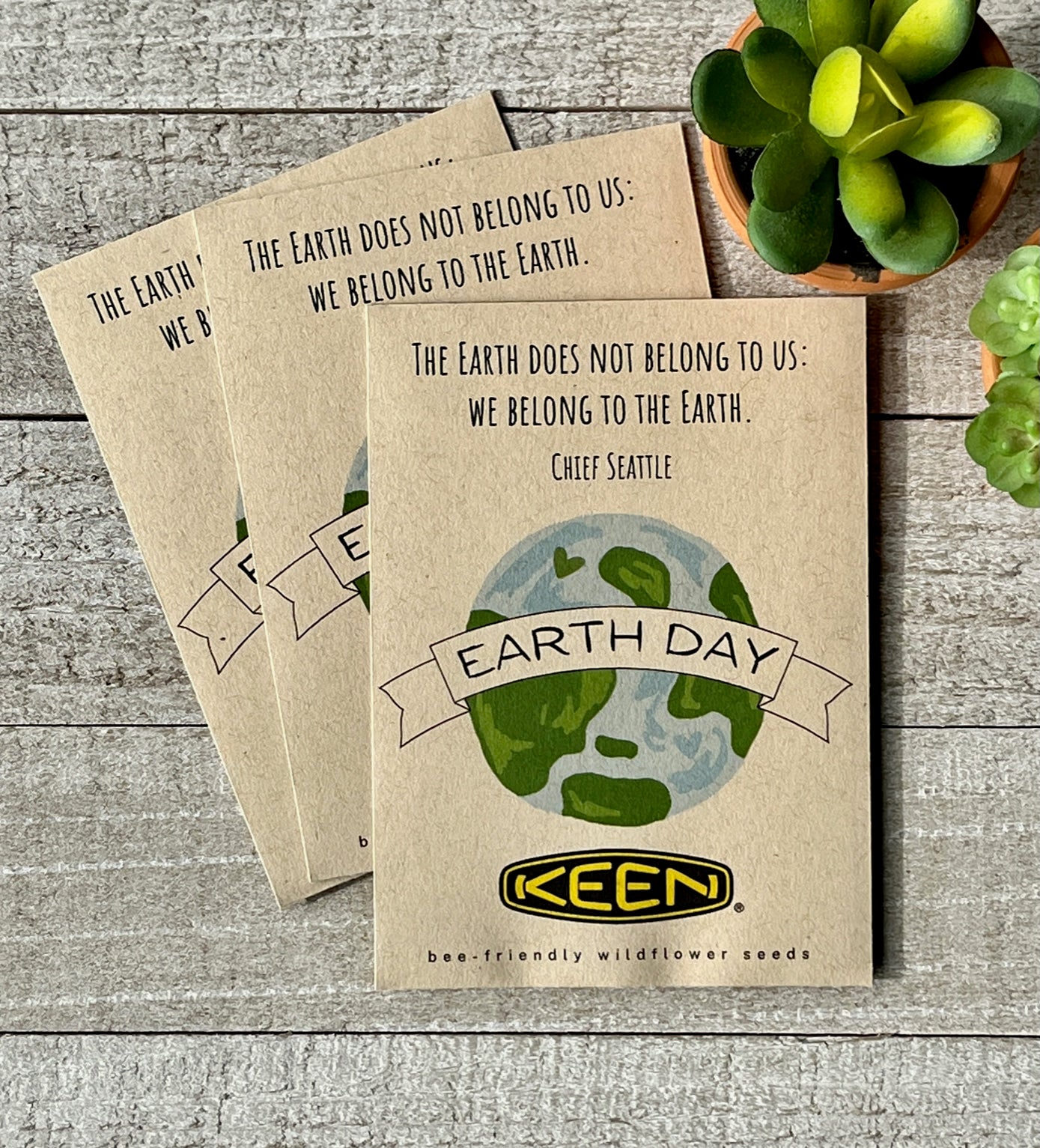 Three brown seed packets with an illustration of the earth and the words, Earth Day.