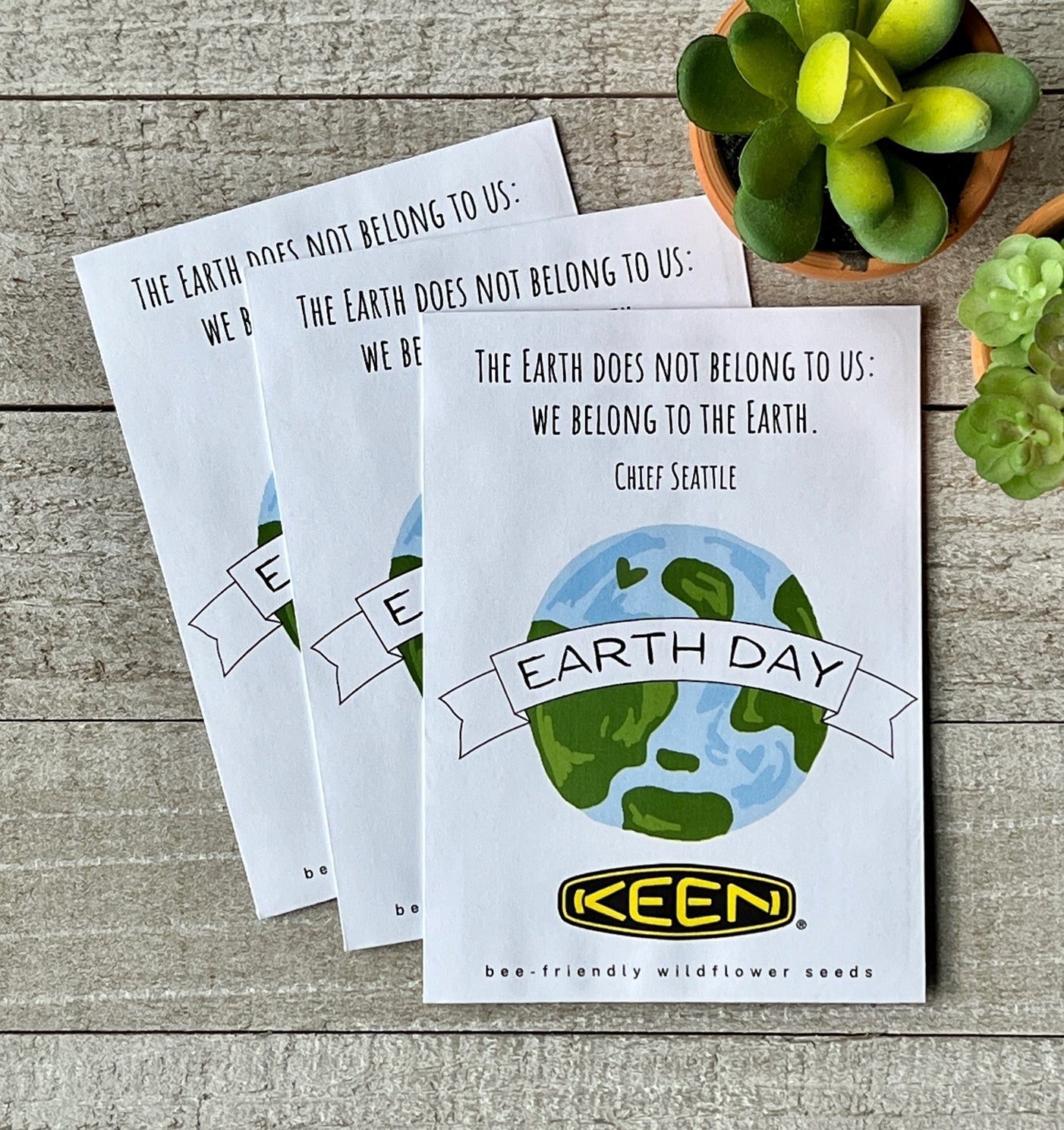 Three white seed packets with an illustration of the earth and the words, Earth Day.