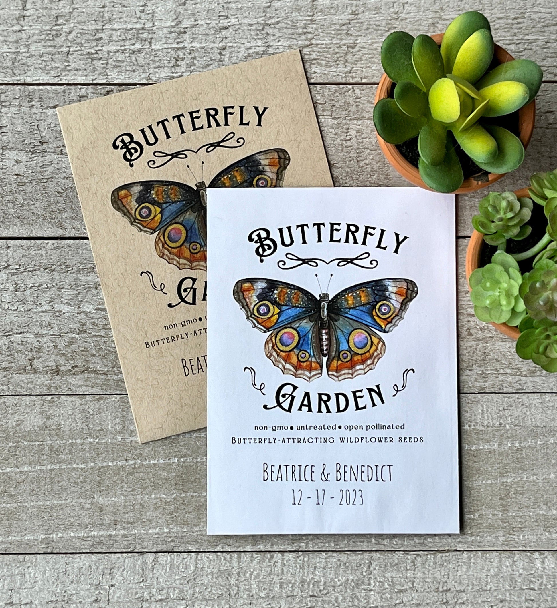 A brown and a white seed packet with a full color illustration of a butterfly.