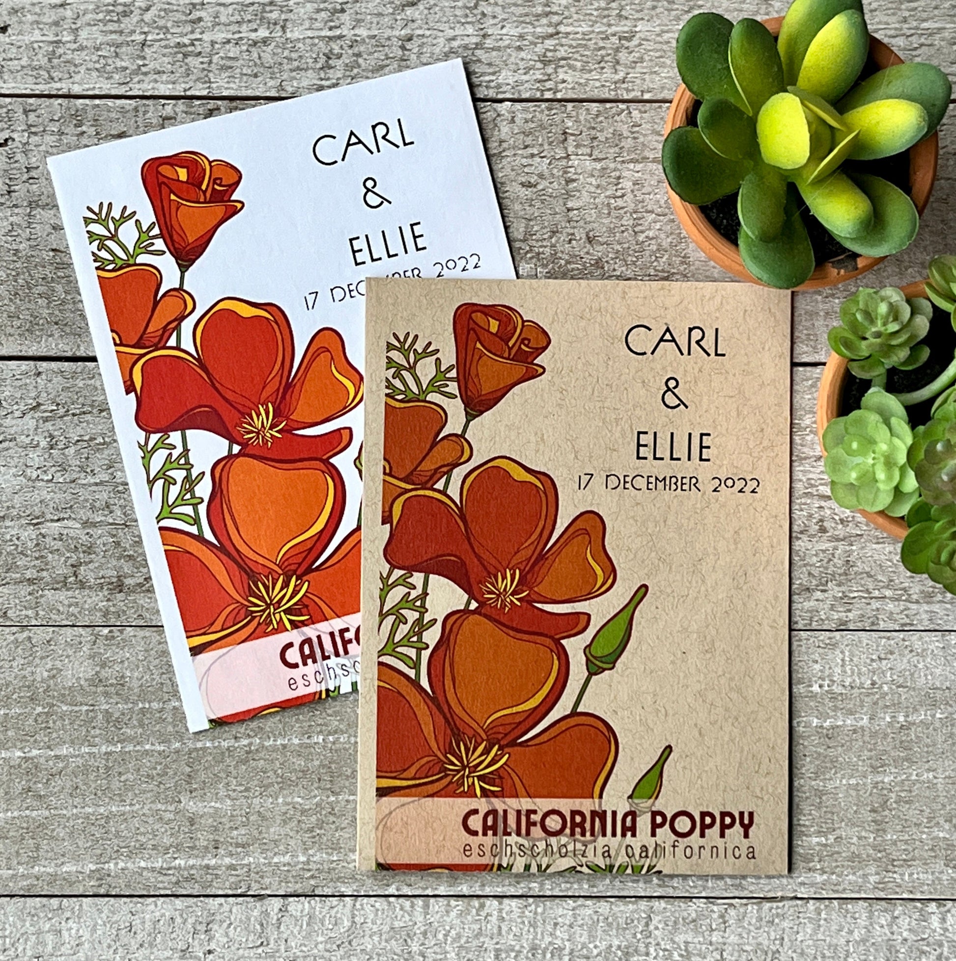 A white and a brown seed packet with large orange California Poppies.