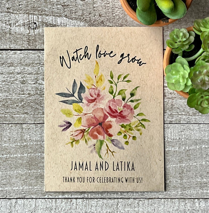 A brown seed packet with pink and yellow flowers and the phrase, watch love grow.