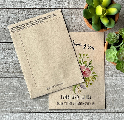 A front and back view of a brown seed packet, the back view showing planting directions.