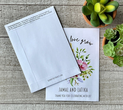 A front and back view of a white seed packet, the back view showing planting directions.