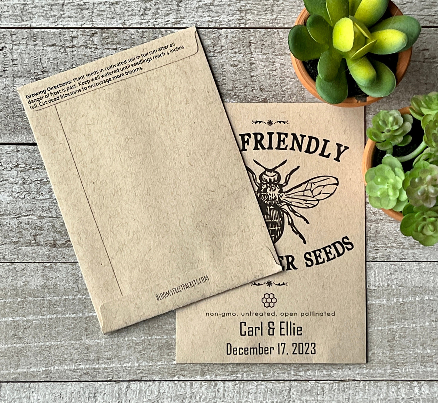 A front and back view of a brown seed packet, the back showing planting instructions.