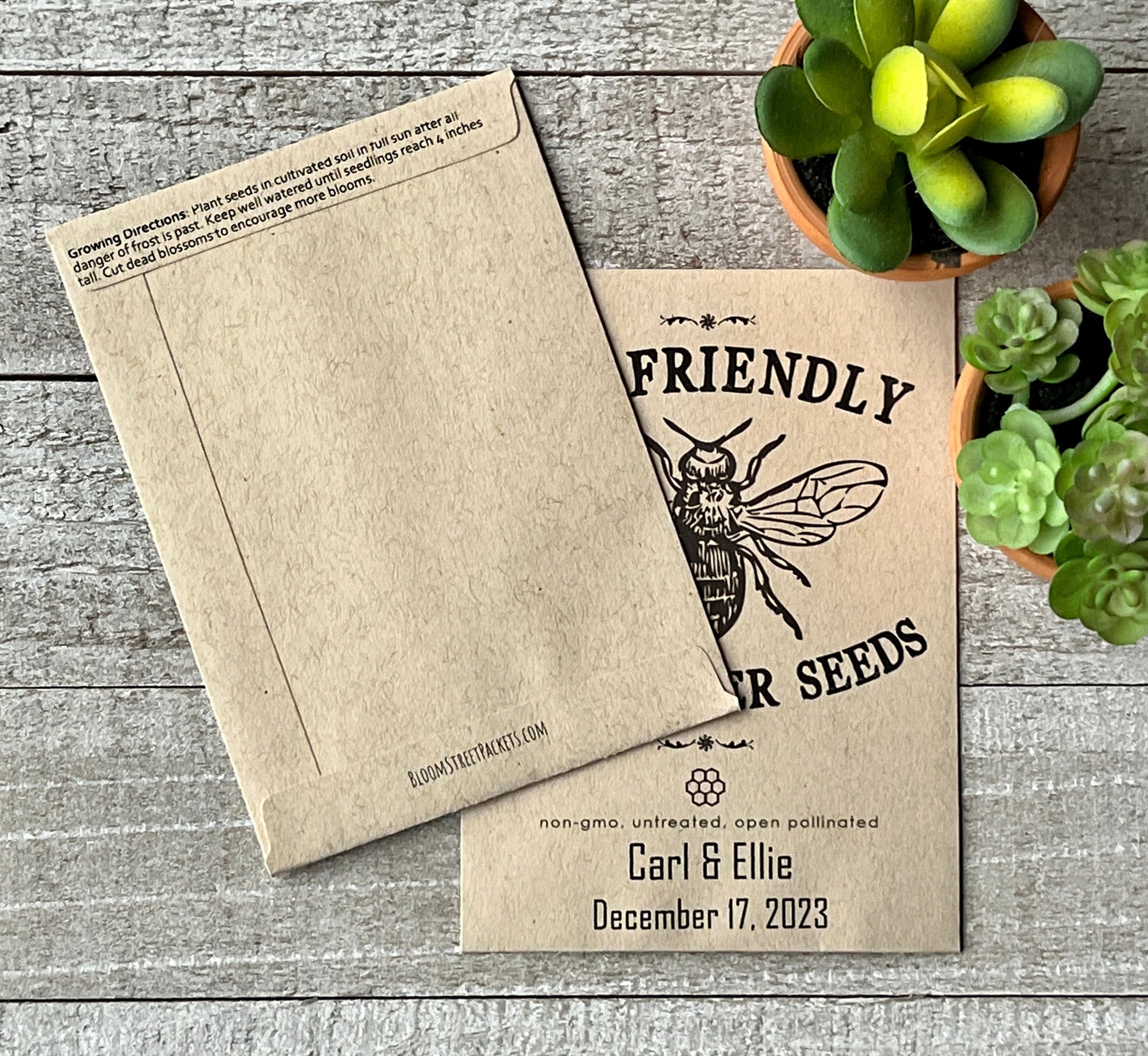 A front and back view of a brown seed packet, the back showing planting instructions.