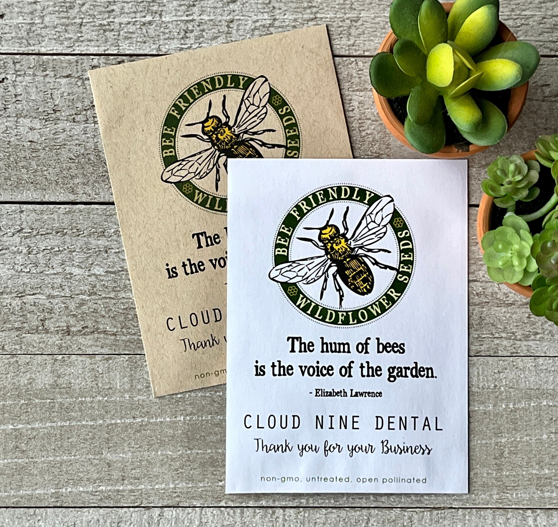 A brown and white seed packet with a honey bee in a circle and a quote about bees.