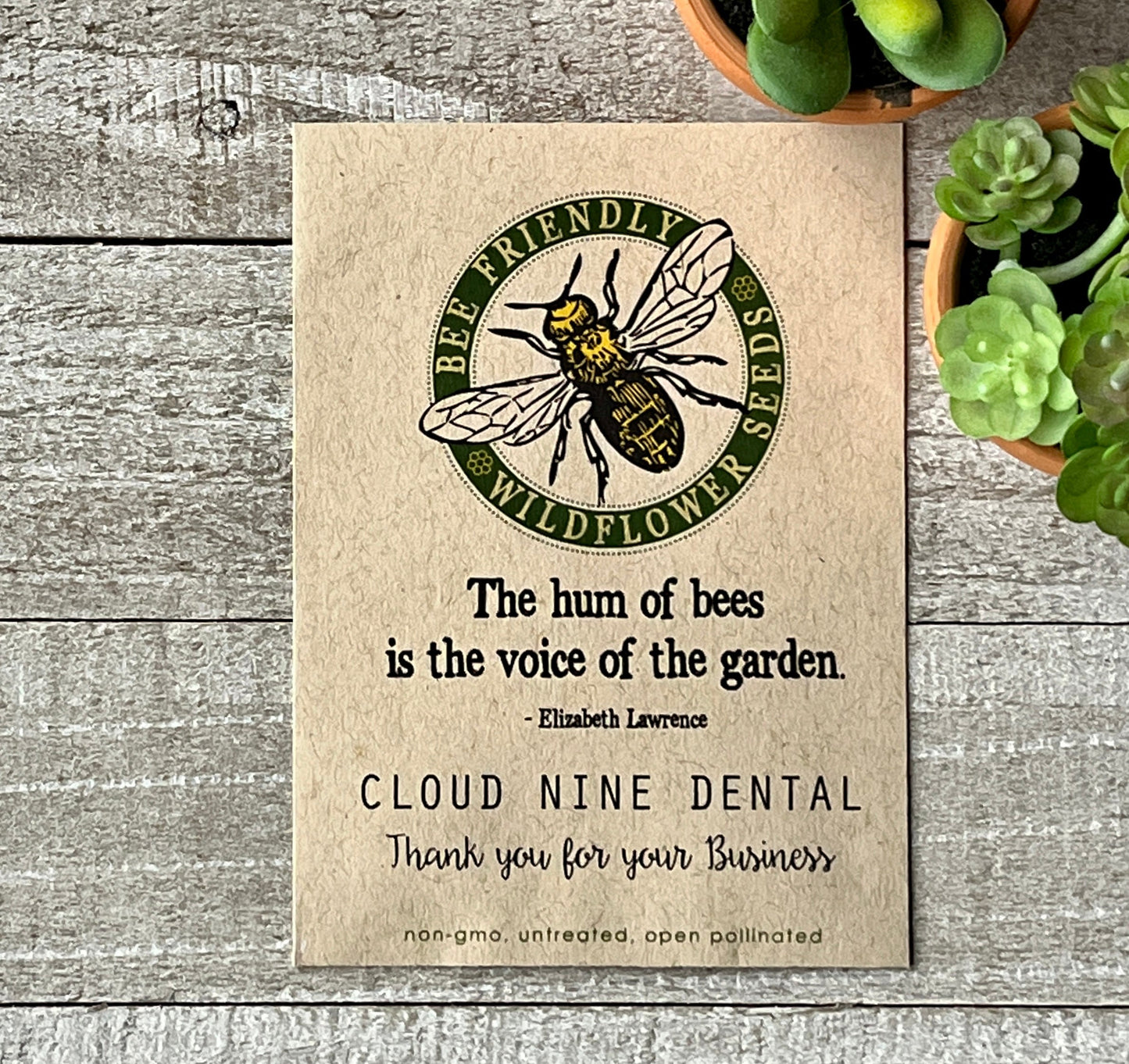 One brown seed packet with a honey bee in a circle and a quote about bees.