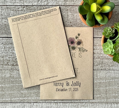 A front and back view of a brown seed packet, the back view showing planting instructions.