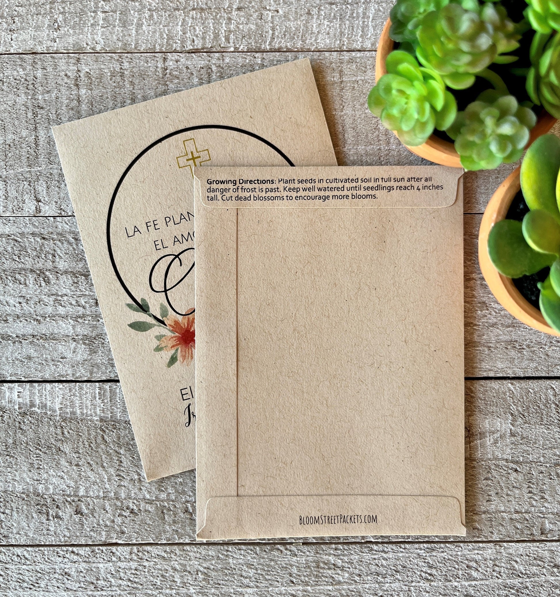 A front and back view of a brown seed packet, the back view showing planting instructions.